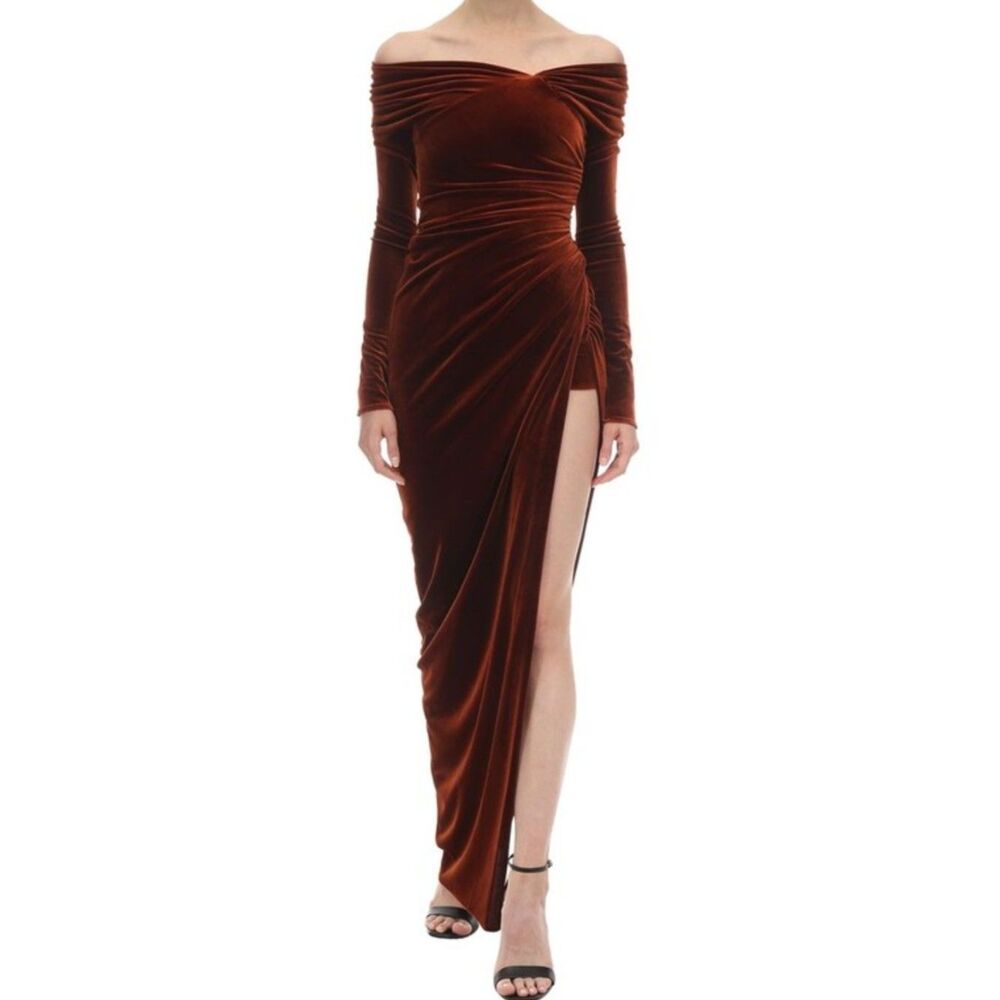 Alexandre Vauthier Ruched Velvet Long Dress Burgundy Size 36
